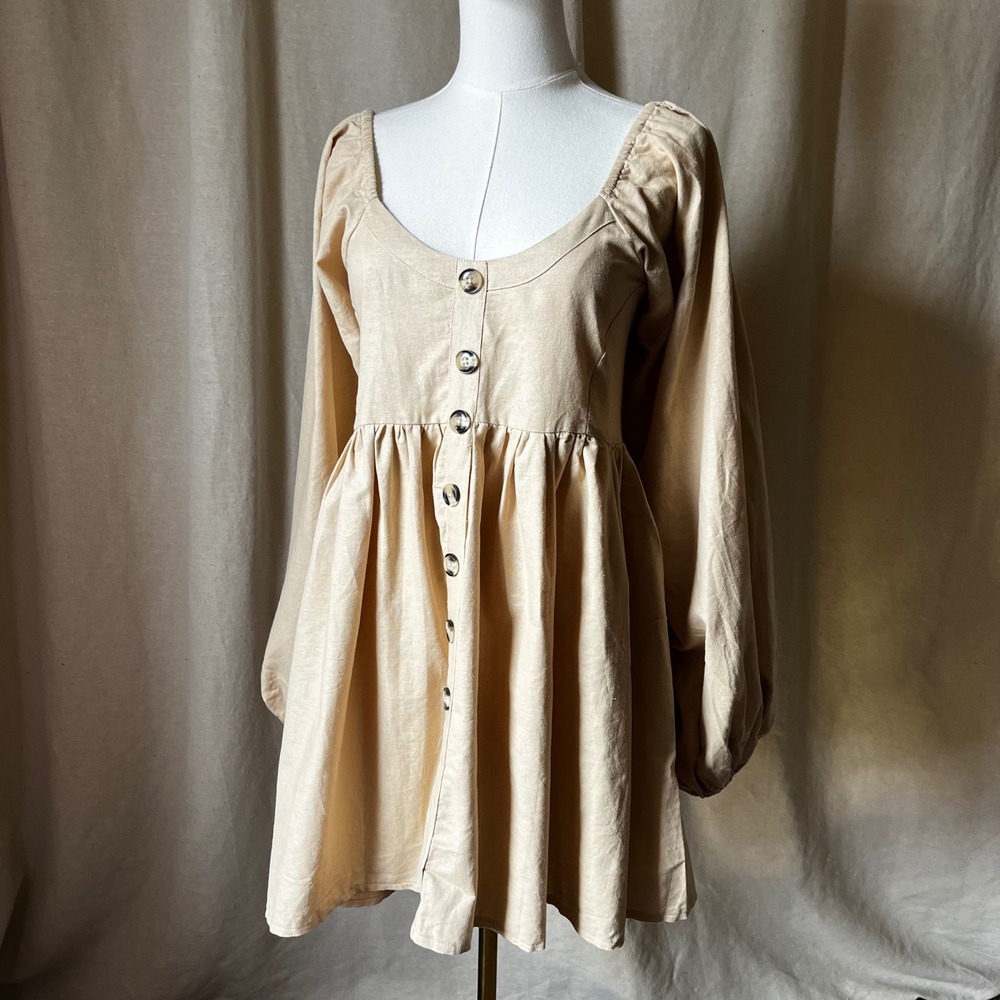 Bali Elf Linen Mini Dress XL Puff Sleeve Empire Waist Cottagecore NEW